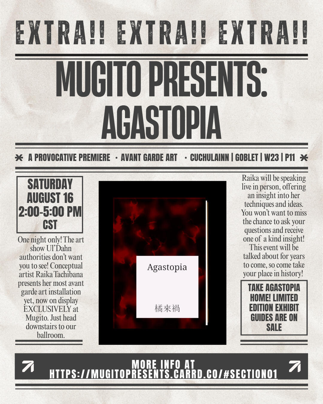 Newspaper ad for Raika Tachibana's Agastopia, speaking event August 16 2026 at 2pm Central Time.